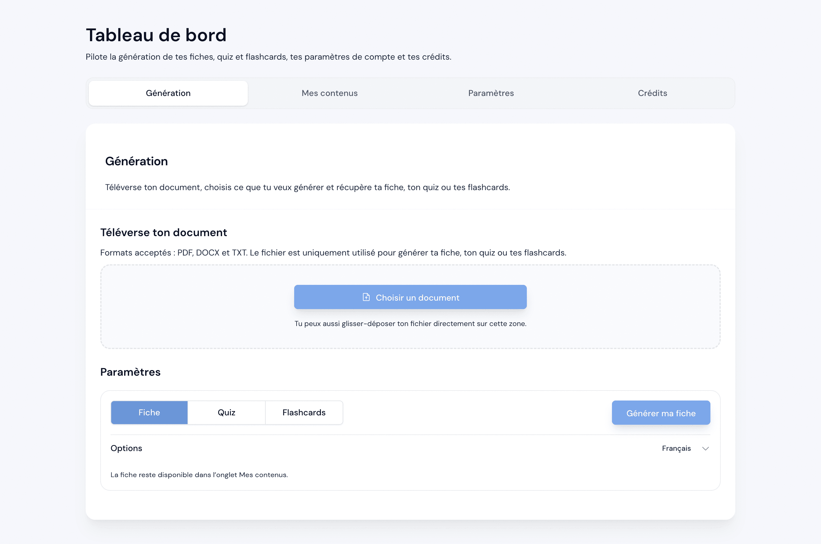 Interface Relumia affichant un espace de révision généré depuis un document