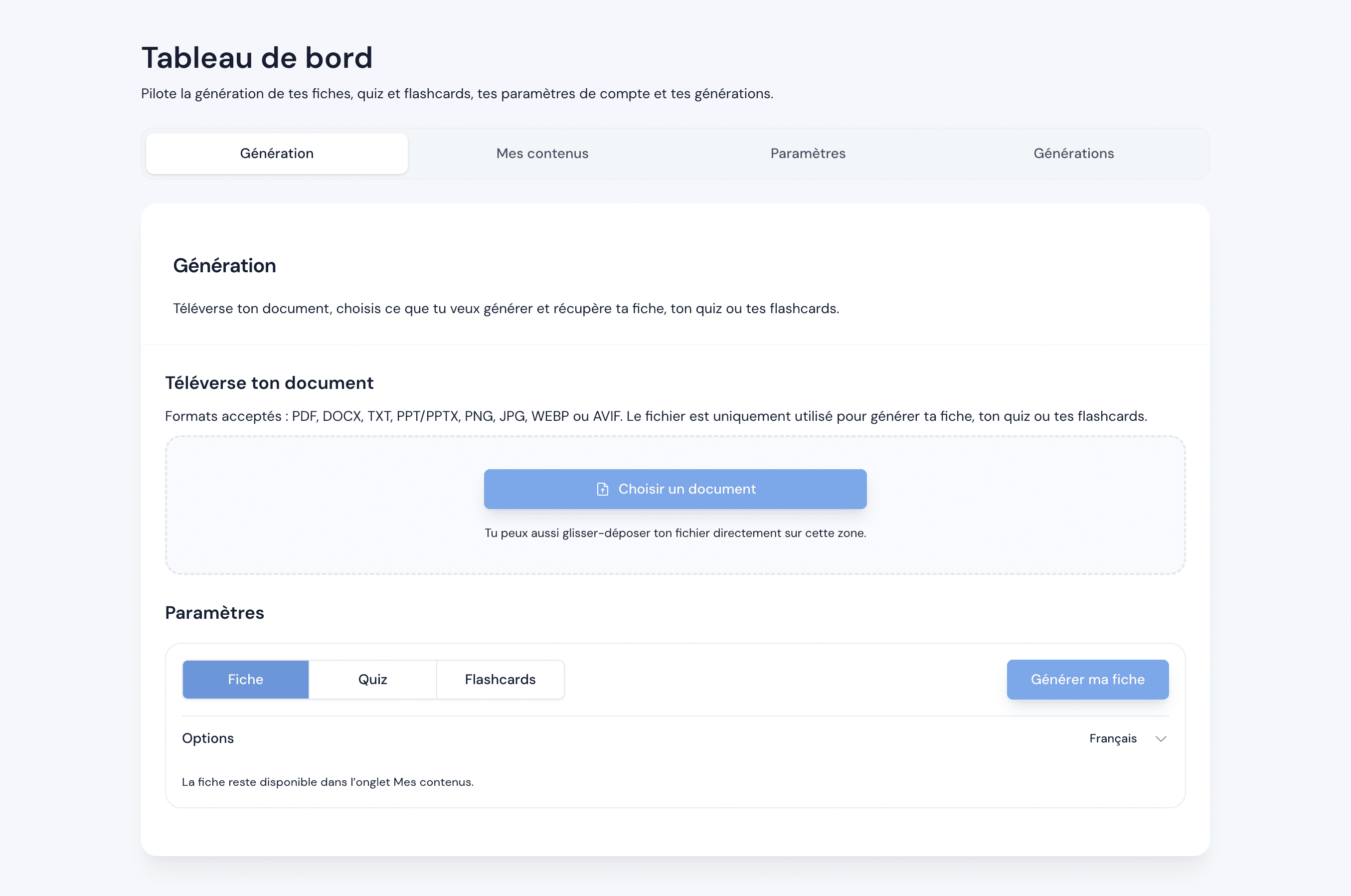 Interface Relumia affichant un espace de révision généré depuis un document